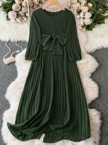 SHEIN LUNE Plus Tie Front Lantern Sleeve Dress Fall Cloth For Women - Army Green - View 1