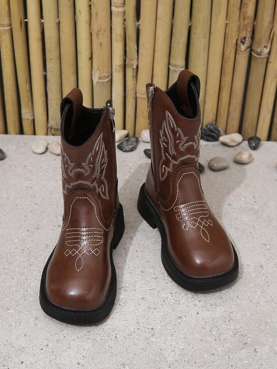 Botas cowboy para niños de moda dulce con con bordado detallando, perfecto para exterior con ocio actividades en otoño con invierno - Óxido marrón - Ver 1