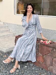 DAZY In Toàn bộ Ống tay áo Buộc lại Váy quấn - Màu xanh lam - Xem 5