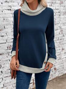 EMERY ROSE Viền tương phản Chi tiết Nút Áo nỉ - Màu xanh hải quân - Xem 4