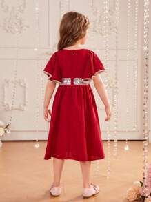 SHEIN 女小童1入組亮片拼接蝴蝶袖洋裝 - 紅色 - 查看 2