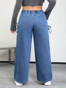SHEIN ICON Plus Lace Up Side Wide Leg Jeans - Medium Wash - View 2