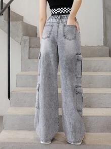 SHEIN Explorewe Teen Girls Flap Pocket Cargo Jeans - Dark Grey - View 2