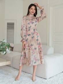 DAZY 花卉印花喇叭袖连衣裙，秋季连衣裙长袖连衣裙 - 粉色 - 查看 6