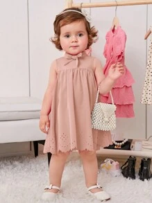 SHEIN Baby Girl Bow Front Laser Cut Out Scallop Trim Dress