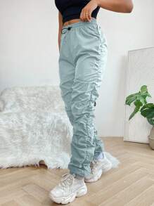 SHEIN PETITE Solid Drawstring Waist Stacked Pants - Green - View 5