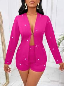 VaVaBold Ngọc trai đính cườm Áo vest & Quần short - Màu Hồng Tươi - Xem 3