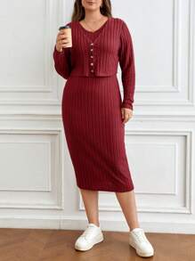 SHEIN Frenchy 大碼條紋針織夾克&洋裝 - 酒紅色 - 查看 6