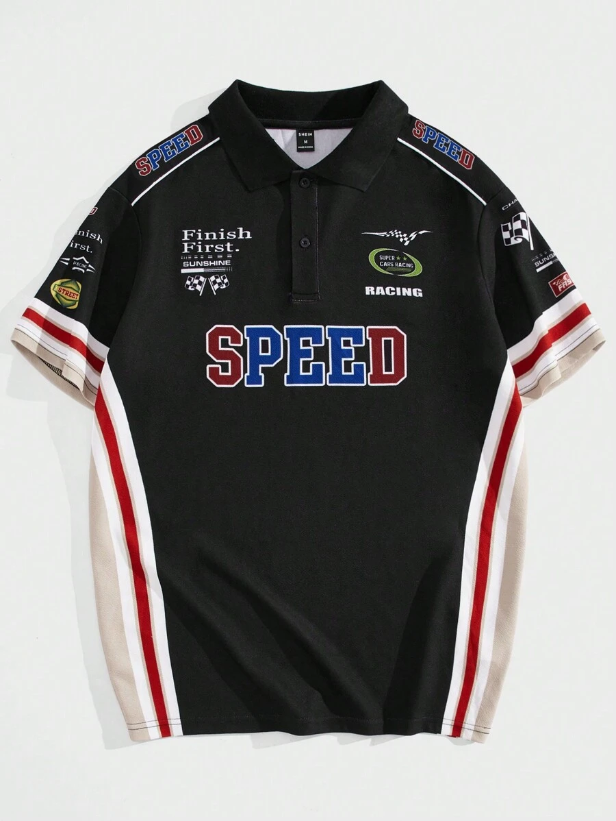 Manfinity VCAY Men Letter Graphic Contrast Side Seam Polo Shirt - Multicolor - View 1