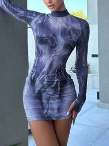 Tie Dye Mock Neck Bodycon Dress - Blue - View 1