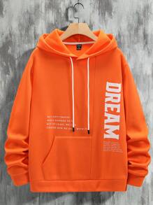 Manfinity Hypemode Hombres Capucha con estampado de slogan con bolsillo de canguro con cordón - Naranja - Ver 1