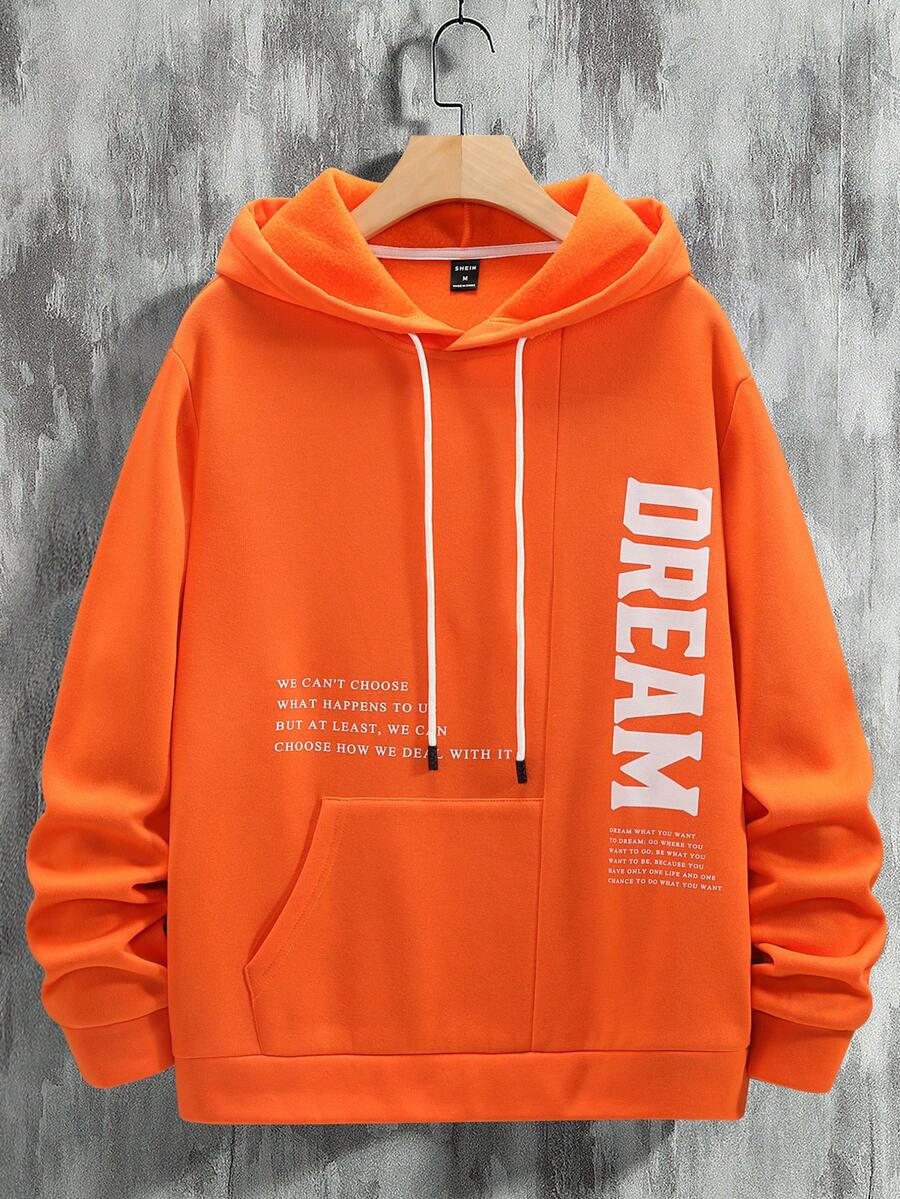 Manfinity Hypemode Hombres Capucha con estampado de slogan con bolsillo de canguro con cordón - Naranja - Ver 1