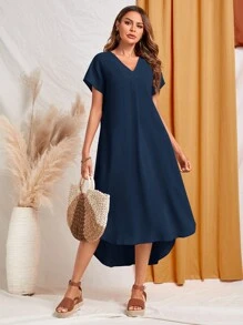 EMERY ROSE Solid V Neck Batwing Sleeve High Low Hem Dress - Navy Blue - View 3