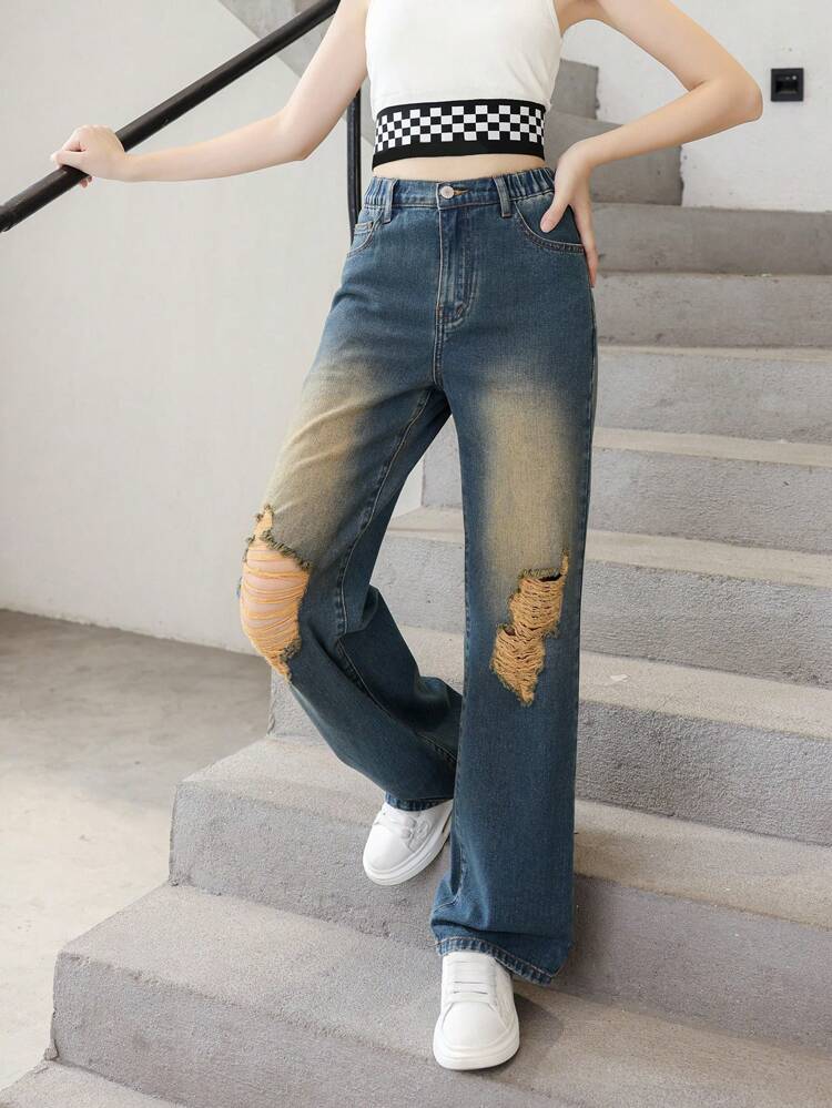 Teen Girls Ripped Straight Leg Jeans