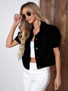 Cazadora mezclilla de manga farol con botón delantero - Negro - Ver 3