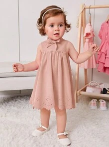 SHEIN Baby Girl Bow Front Laser Cut Out Scallop Trim Dress
