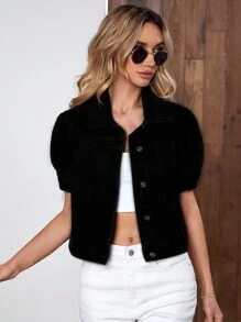 Cazadora mezclilla de manga farol con botón delantero - Negro - Ver 1