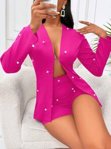 VaVaBold Ngọc trai đính cườm Áo vest & Quần short - Màu Hồng Tươi - Xem 1