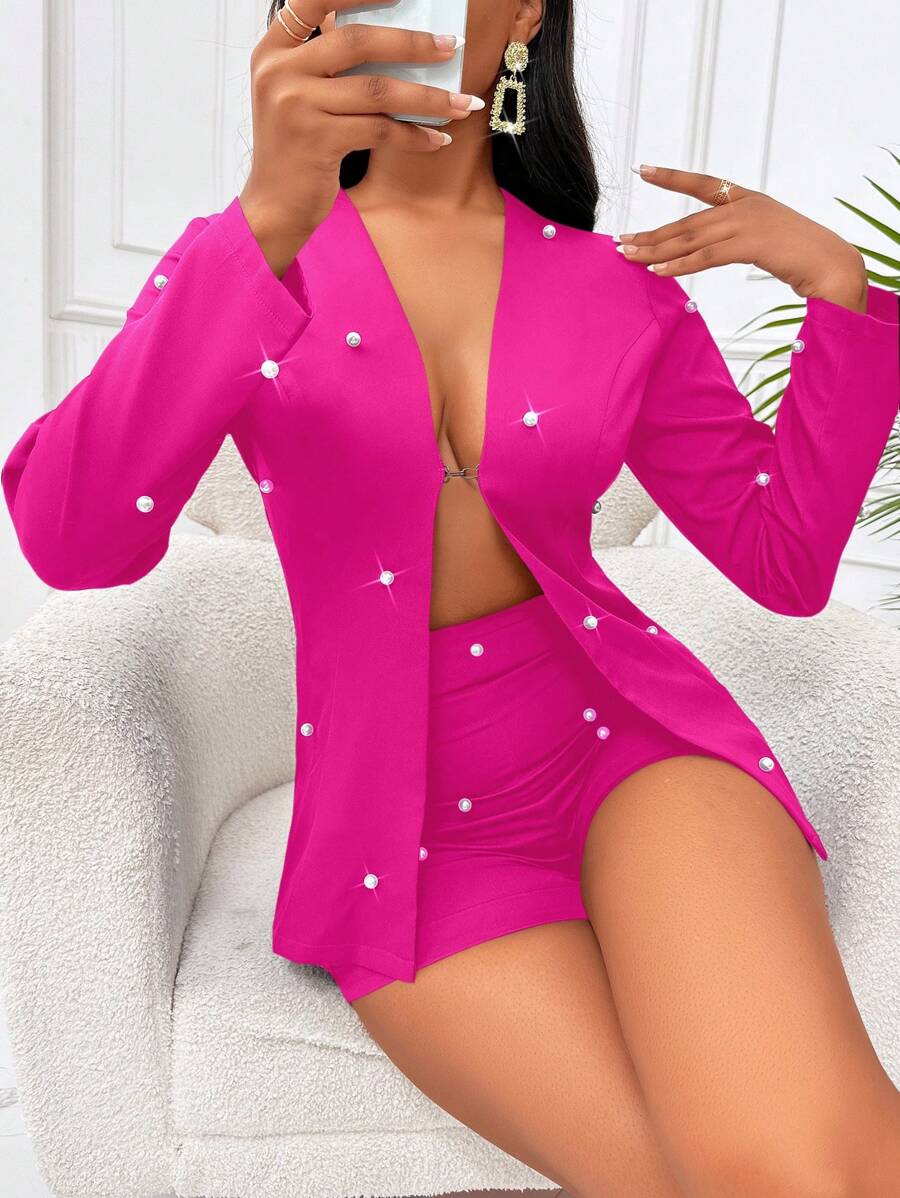 VaVaBold Ngọc trai đính cườm Áo vest & Quần short - Màu Hồng Tươi - Xem 1