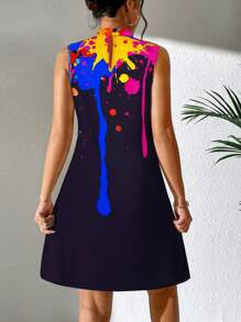 SHEIN LUNE 墨水圖案小高領背心洋裝 - 彩色 - 查看 2