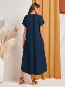 EMERY ROSE Solid V Neck Batwing Sleeve High Low Hem Dress - Navy Blue - View 2