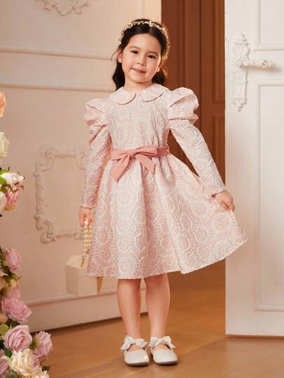 女小童彼得潘領羊腿袖繫腰帶洋裝
