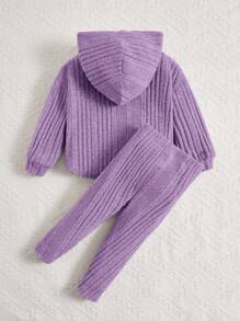 女婴纯色长袖罗纹连帽衫和打底裤休闲套装 - 紫色 - 查看 2