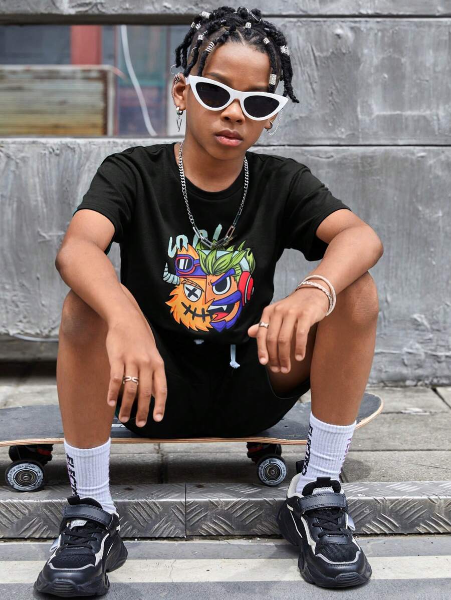 SHEIN Tween Boy Letter & Cartoon Graphic Tee & Shorts - Multicolor - View 1