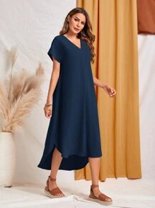 EMERY ROSE Solid V Neck Batwing Sleeve High Low Hem Dress - Navy Blue - View 4