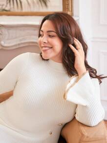 SHEIN Frenchy 大碼小高領紐扣細節荷葉袖荷葉邊毛衣洋裝 - 白色 - 查看 8