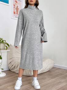 SHEIN EZwear High Neck Drop Shoulder Split Thigh Tee Dress - Grey - View 1