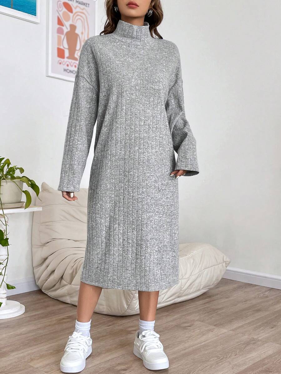 SHEIN EZwear High Neck Drop Shoulder Split Thigh Tee Dress - Grey - View 1