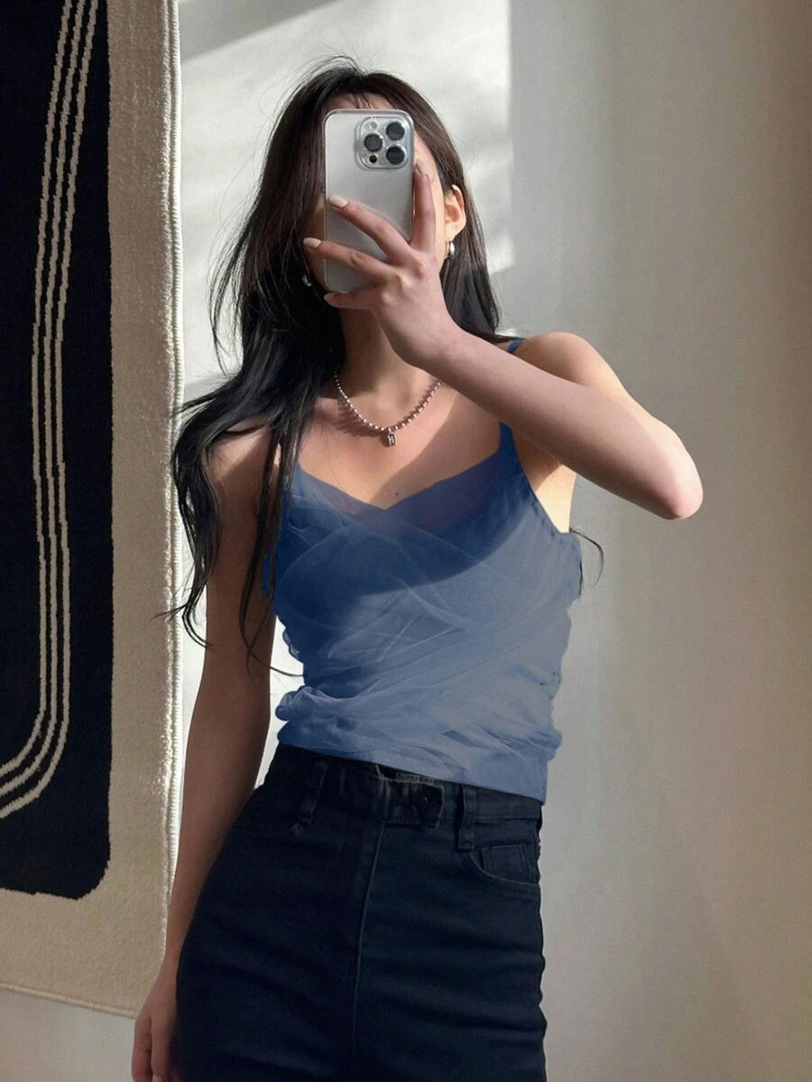 DAZY Áo Cami Lưới Chắc Chắn - Màu xanh bụi bặm - Xem 1