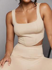 SHEIN BAE 素色短款背心&喇叭褲 - 米色 - 查看 6