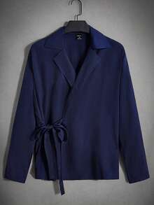 GENTILAND 宽松男士翻领系带侧边上衣和裤子套装 - 藏蓝色 - 查看 6