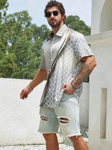 Manfinity Homme 男士大码幾何印花襯衫 - 灰色 - 查看 5