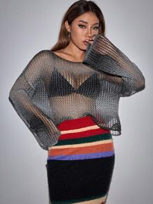 Flirla Hollow Out Drop Shoulder Sweater Without Bra Knit Pullover Fall Winter Sweater - Multicolor - View 3