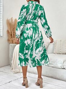 SHEIN Maternity Allover Print Belted Shirt Dress - Green - View 4