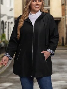 EMERY ROSE Plus Gingham Print Zip Up Hooded Coat - Black - View 5