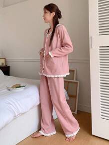 DAZY Tương phản Schiffy Trim Vá Túi Bộ PJ - Bụi hồng - Xem 2
