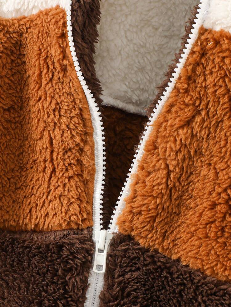 Baby Girl Colorblock Zip Up Teddy Coat