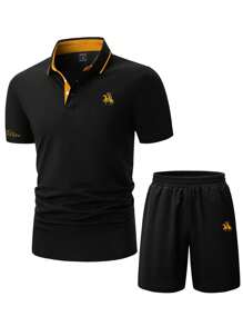 Manfinity Homme Nam Lá thư Đồ họa con ngựa Viền tương phản Áo polo & Quần short - màu đen - Xem 3