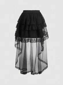 SHEIN MOD High Low Hem Contrast Lace Mesh Overlay Skirt - Black - View 3