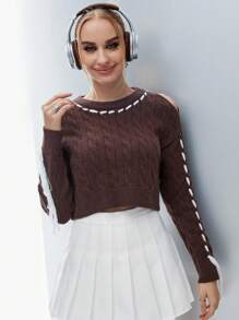 SHEIN Unity Contrast Piping Cable Knit Pullover Fall Winter Sweater - Brown - View 4
