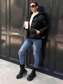 RueChic Zip Up Drawstring Hooded Puffer Coat - Black - View 4