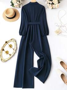 Celure 大碼燈籠袖腰帶襯衫連體褲