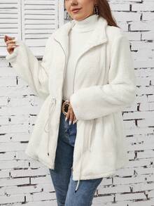 SHEIN LUNE Plus Drawstring Waist Zip Up Teddy Coat - White - View 3