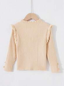 SHEIN 女小童褶邊紐扣細節條紋針織套頭毛衣
