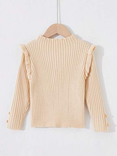 SHEIN 女小童褶邊紐扣細節條紋針織套頭毛衣