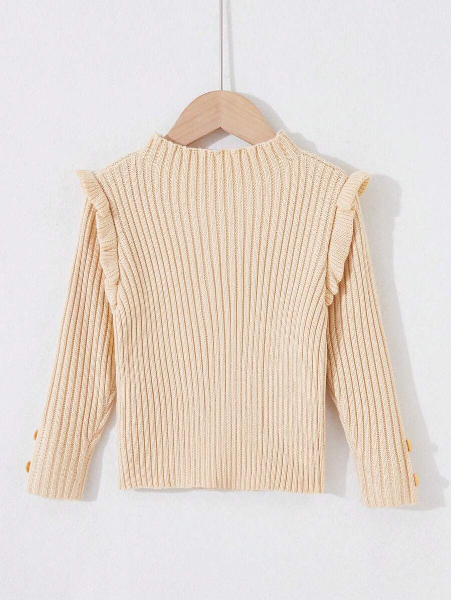 SHEIN 女小童褶邊紐扣細節條紋針織套頭毛衣